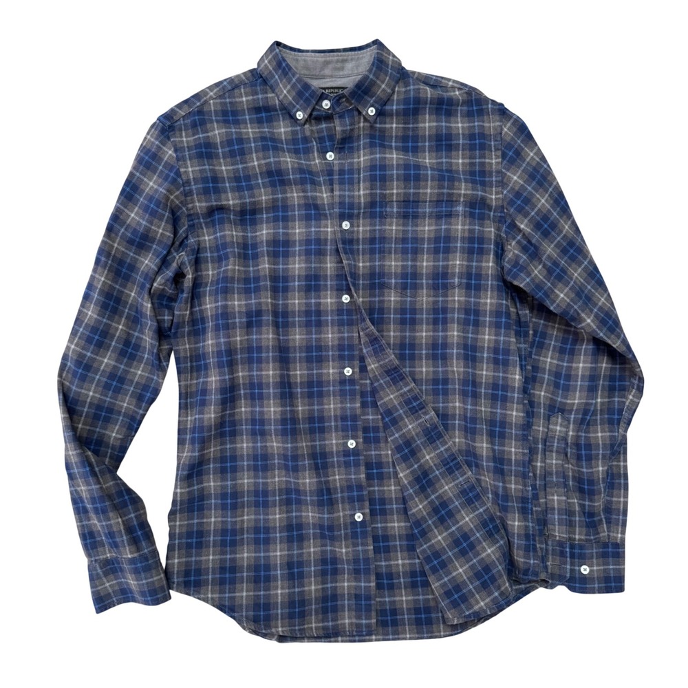 Banana Republic Luxe Flannel Slim Fit Shirt Men Medium Blue Grey Plaid Button Up